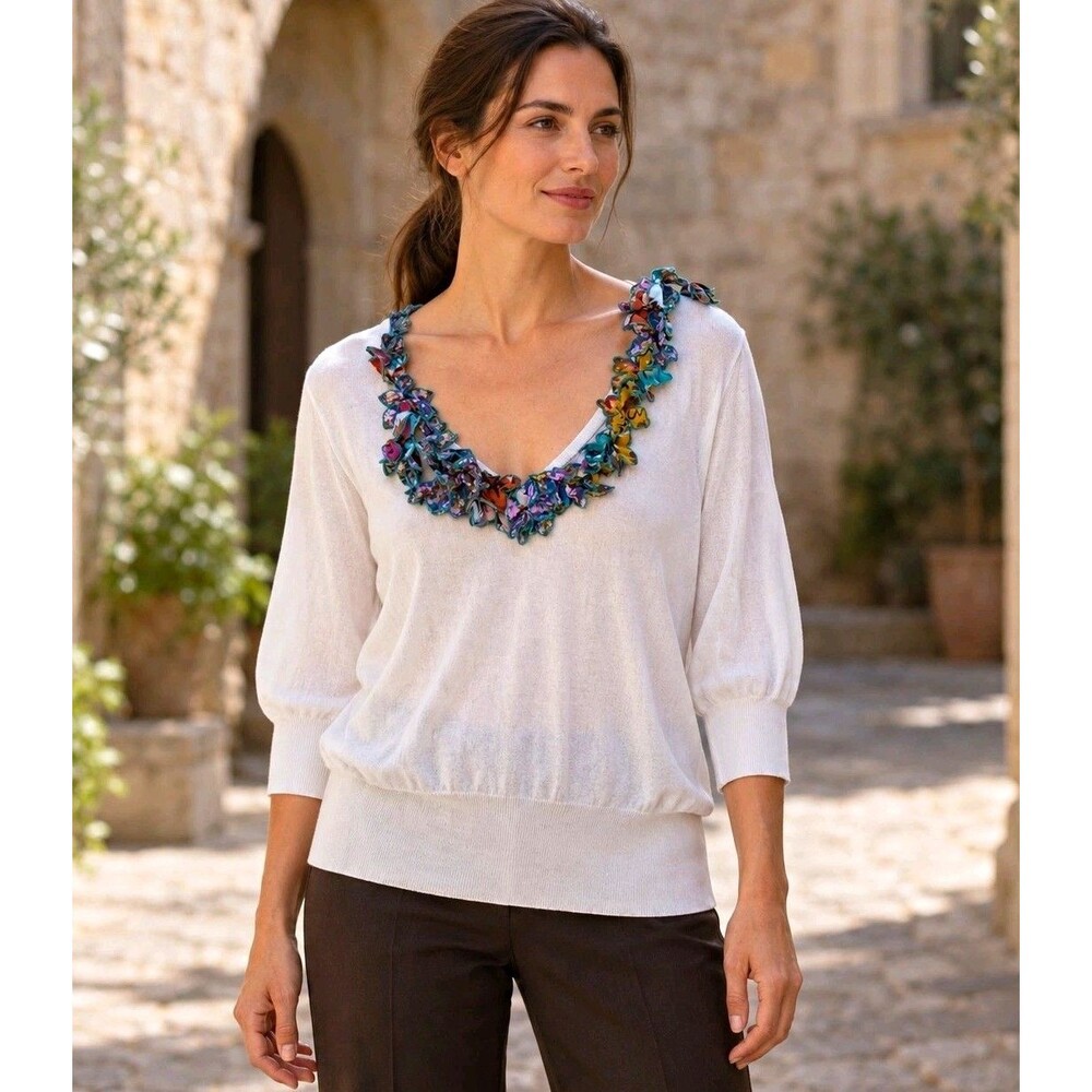 ETRO Made in Italy 100% Silk 3D Floral Appliqué V-Neck Sweater Top IT 46